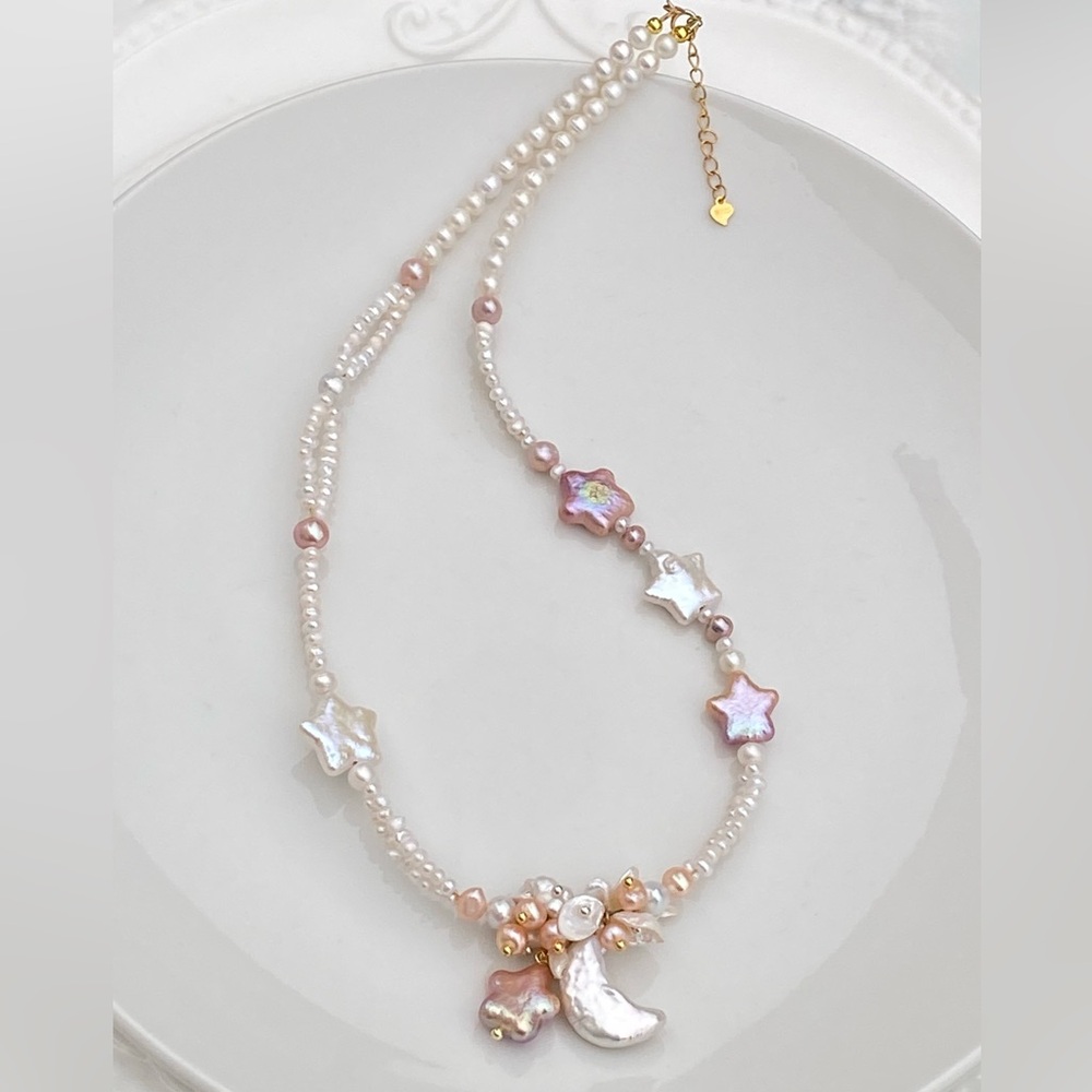 N30-Handmade Moon And Star Pearl Braided Necklace